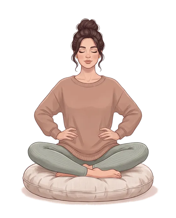 The Linea heroine sitting cross-legged, hands on her lower ribs, breathing